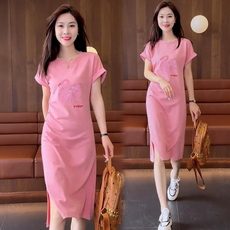 2024 Summer Women's New Round Neck Short-Sleeved Mid-Length Slit Dress, Elegant, Simple, Age-Reducing Casual Dress with Sequins