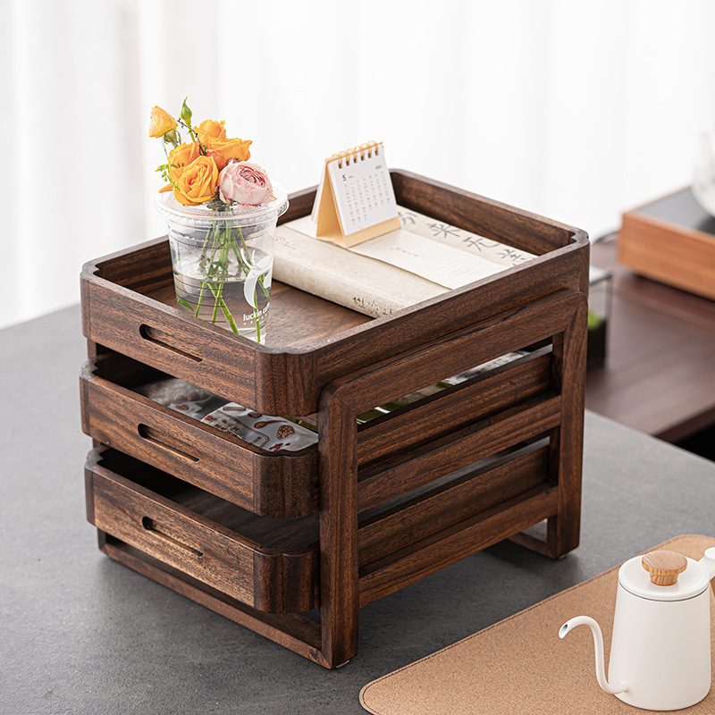 胡桃木收纳架家用原木家居抽屉式托盘茶道茶具置物架收纳柜展示盒