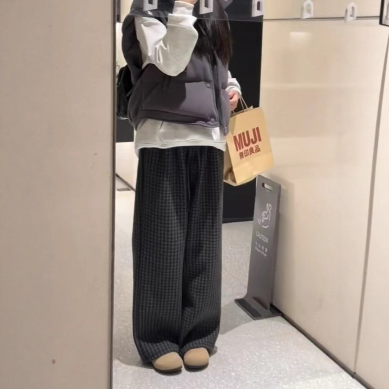 秋冬季大码胖高腰宽松休闲慵懒长裤老钱风复古毛呢格子阔腿裤女|undefined