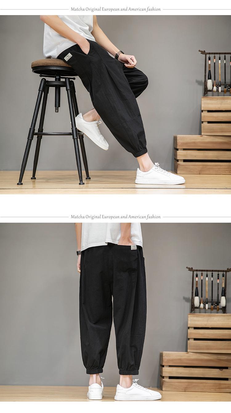 Pantalon lanterne en coton et lin de sport d'été à sept points, pantalon ample à la cheville Haren pour hommes_voghion.com