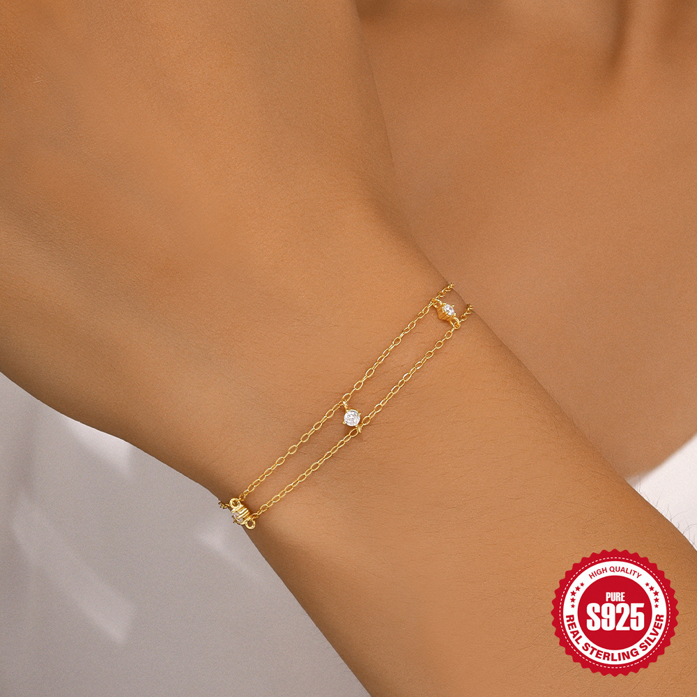 Transfronterizo europeo y americano uso diario s925 plata de ley doble capa con diamantes pulsera de moda versátil temperamento clásico cadena de damas
