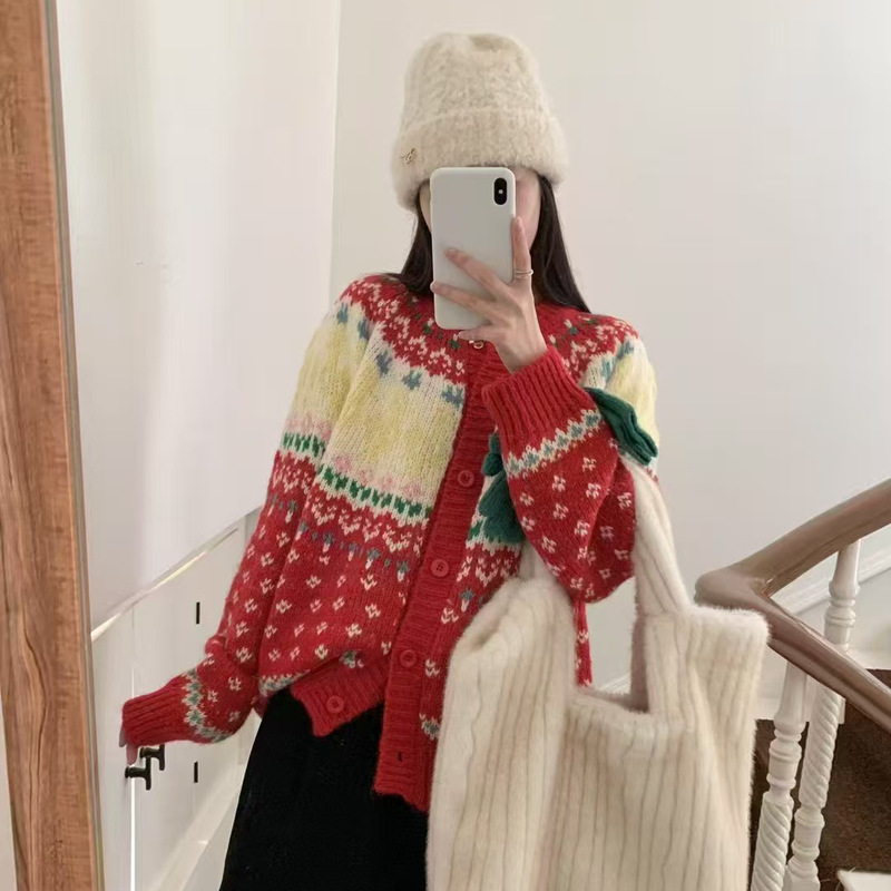 提花撞色针织开衫 2025秋季新款 气质宽松圆领上衣外套女毛衣2596|undefined