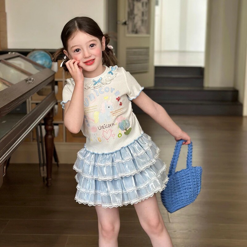 Sweet Lace Trim Slim-Fit Top for Girls, 2026 Summer New Fashionable Short-Sleeve T-Shirt for Children, Cross-Border Sweet Lace Trim Slim-Fit Top for Girls, 2026 Summer New Fashionable Short-Sleeve T-Shirt for Children, Cross-Border