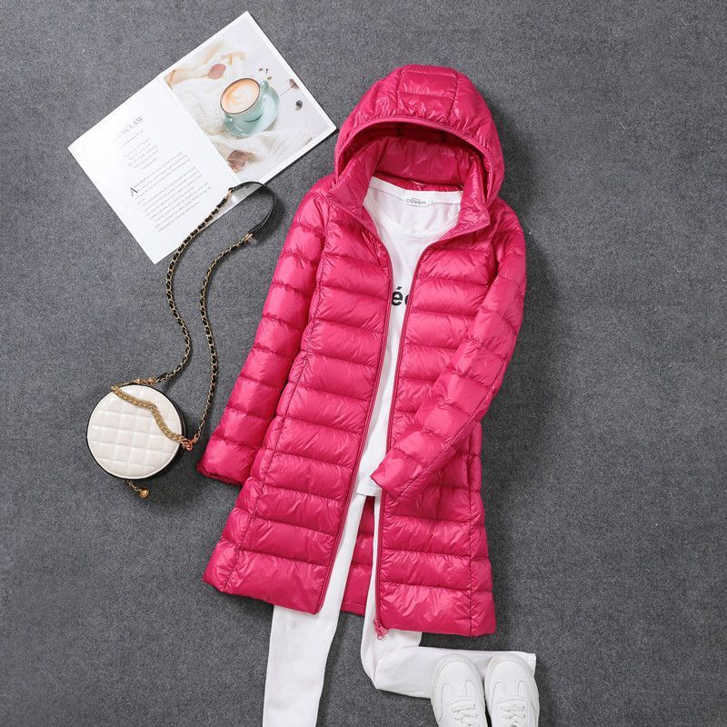 Tik Tok transfronterizo otoño y invierno nuevo chaqueta de plumón ligera de mujeres mediana y larga ropa blanca coreana chaqueta delgada sombrero desmontable