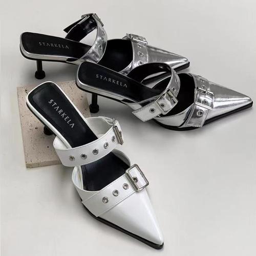 Super Hot Pointed Double Belt Buckle Women's Summer Minority High-End Silver High Heels Sandals Trend