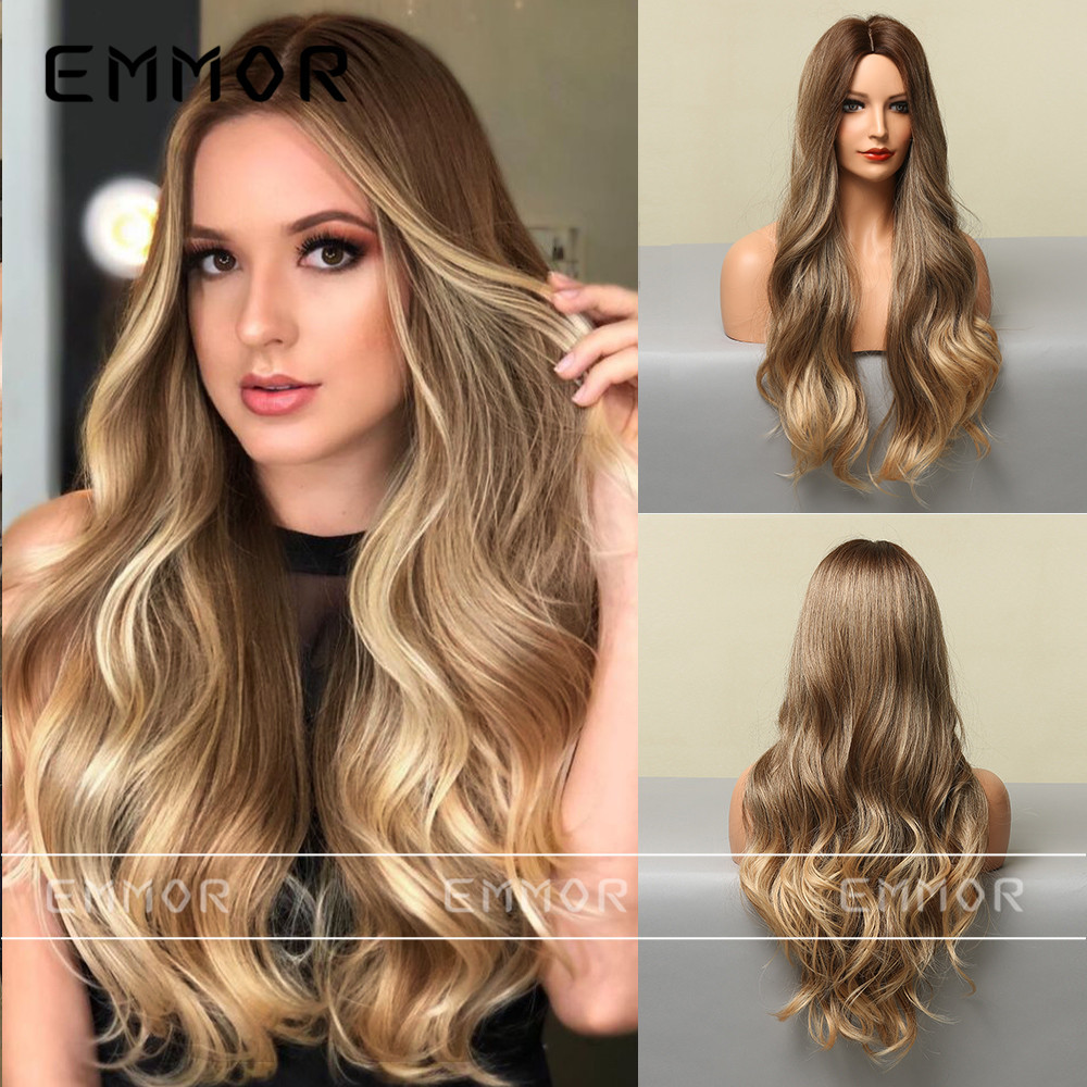 Peluca para Mujer Estilo Europeo y Americano, con Raya en Medio, Color Dorado Degradado, Ondas Grandes, Fibra Resistente al Calor, Peluca Completa, Cabello Largo y Rizado