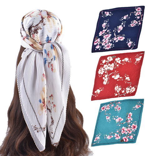 Ladies Scarf Silk Scarf Folded 90cm Square Scarf with Tassels Summer New Elegant Peach Pattern Print