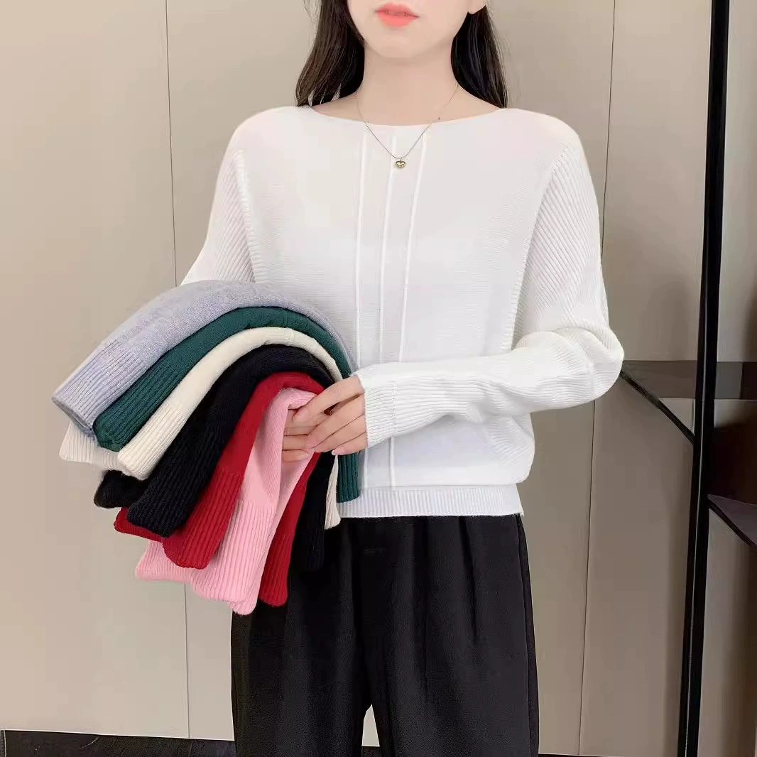 2024 весна и осень новый корейский свитер с воротником рыхлый тонкий короткий рукав летучей мыши вязаный нижний топ женский