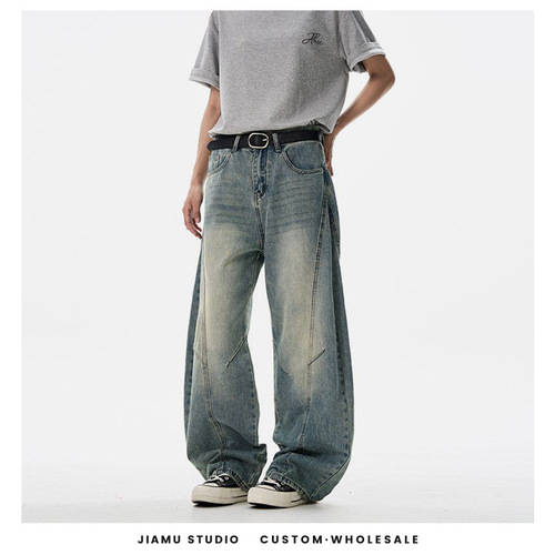JIAMU Cat Whisker Scythe Pants Baggy Jeans American Street Fashion Unisex Wide Leg Bow Knife Denim Jeans for Men and Women
