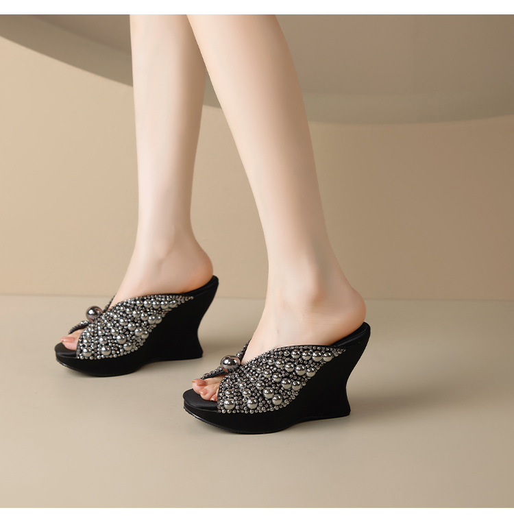 Sandal cao gót nữ đế xuồng 9cm quai ngang đính cườm ngọc trai — Màu đen, Màu trắng sữa chi tiết 9