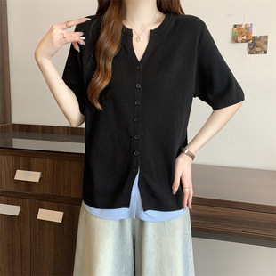 2025 New Summer Large Size Polo Collar Stitching Contrasting Short-Sleeved T-Shirt Women's Fake Two-Piece Design Top