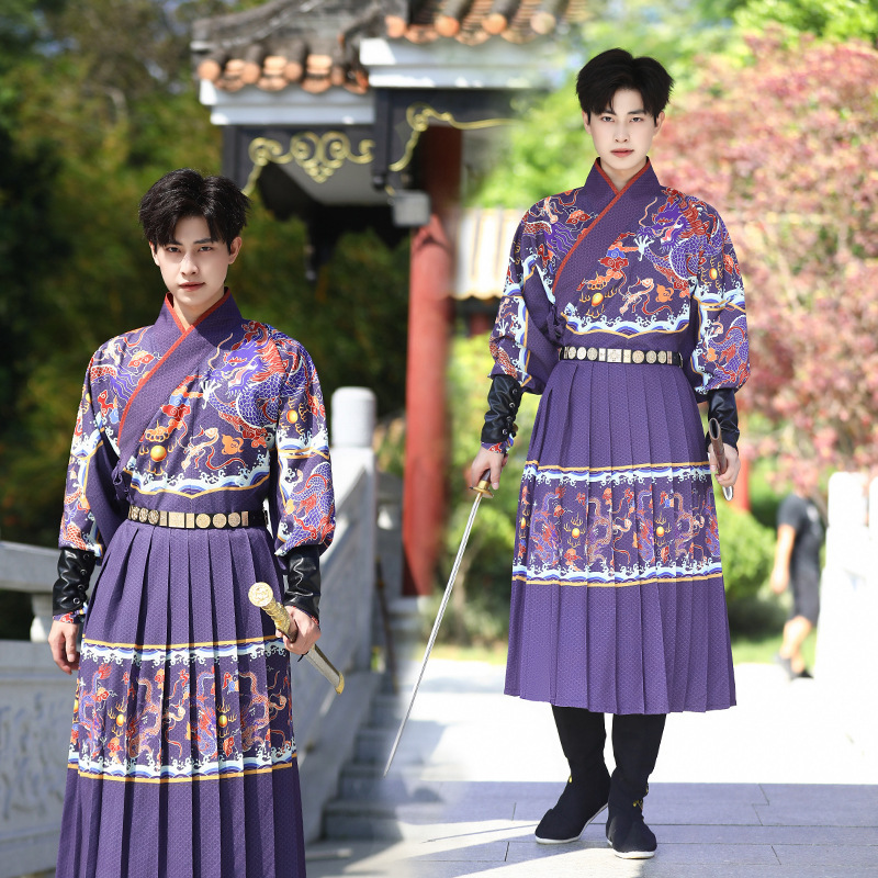 New original Hanfu National style flying fish clothing blue purple dragon pattern pleated advanced Jinyiwei performance clothing for men and women New original Hanfu National style flying fish clothing blue purple dragon pattern pleated advanced Jinyiwei performance clothing for men and women