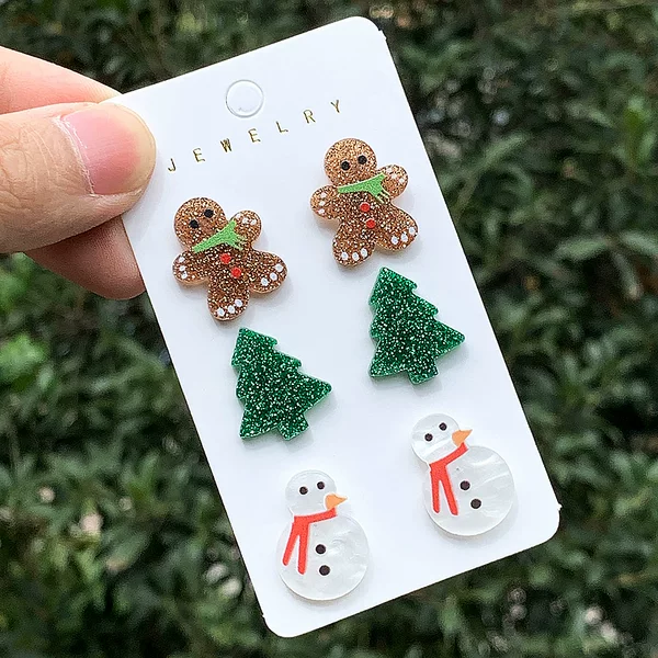 European and American New 3-piece Christmas Earrings Handmade DIY Christmas Tree Gingerbread Man Snowman Acrylic Pendant Earrings