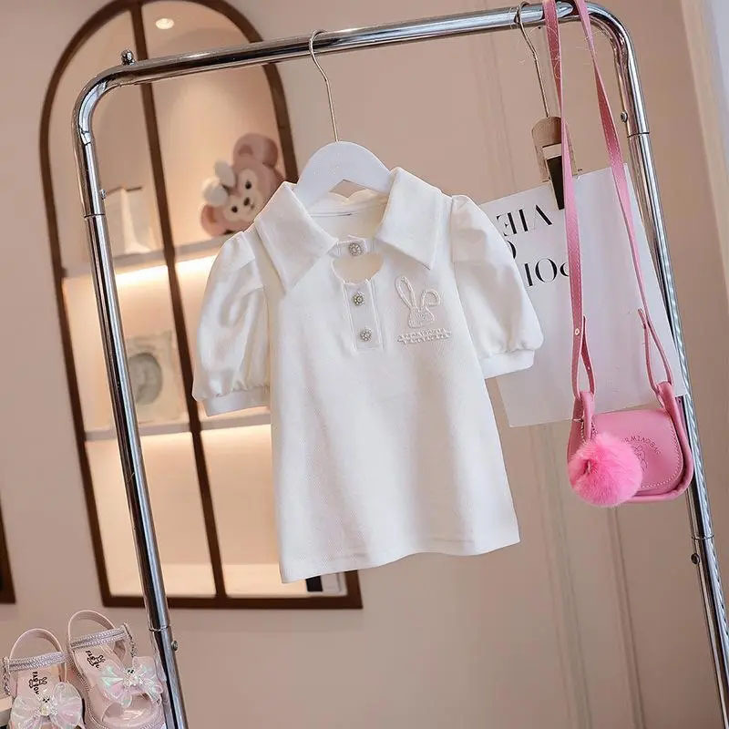 Girls' Summer T-shirt 2024 New Children's Short-sleeve Top Summer Girl Bubble Sleeve Polo Shirt Stylish Children's Clothing