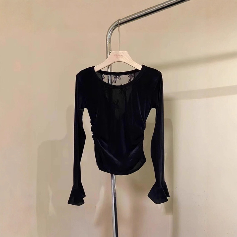 Autumn and Winter Fashion Lace Beautiful Back Velvet Women's Tops Slim and Stylish Bell-Sleeved Tops Backless Sexy Bottoming Shirts