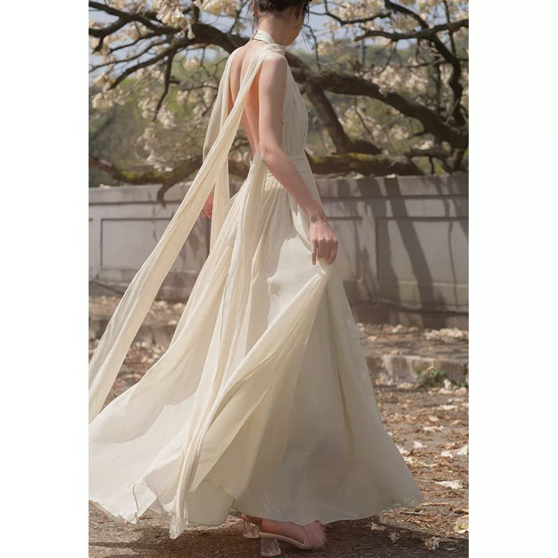 Fairy Apricot Chiffon Sleeveless Backless Dress, High-End, Gentle, Chic and Elegant Holiday Long Dress Fairy Apricot Chiffon Sleeveless Backless Dress, High-End, Gentle, Chic and Elegant Holiday Long Dress