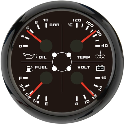 85mm Four-In-One Oil Level, Water Temperature, Oil Pressure, Voltage 12V with Night Light, Universal Model for Cars and Boats (automobile instrument) - black-frame-and-black-background-bar