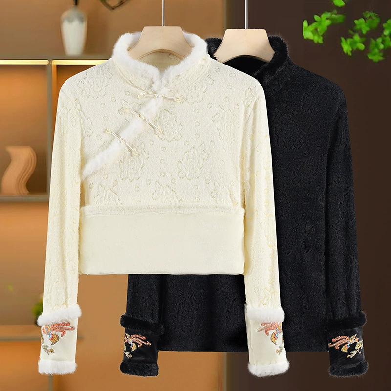 Новый базовый слой в китайском стиле с традиционными китайскими пуговицами, осенне-зимняя утолщенная футболка с вышивкой на флисовой подкладке, новый воротник-стойка, теплый топ с длинными рукавами.