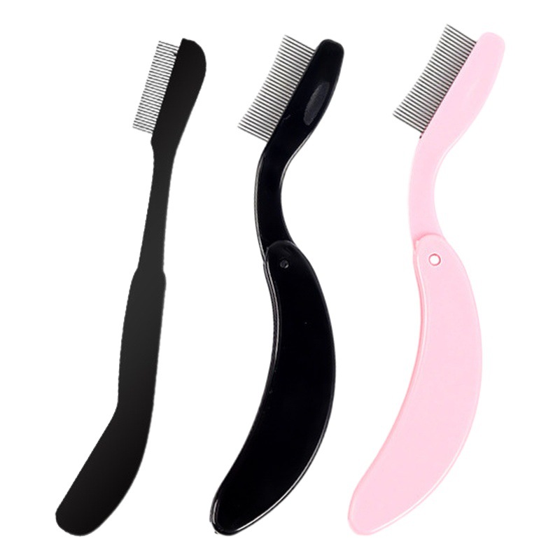 Peine de acero portátil plegable aguja de acero peine de pestañas cepillo de pestañas de acero mango de plástico curvado cepillo de pestañas