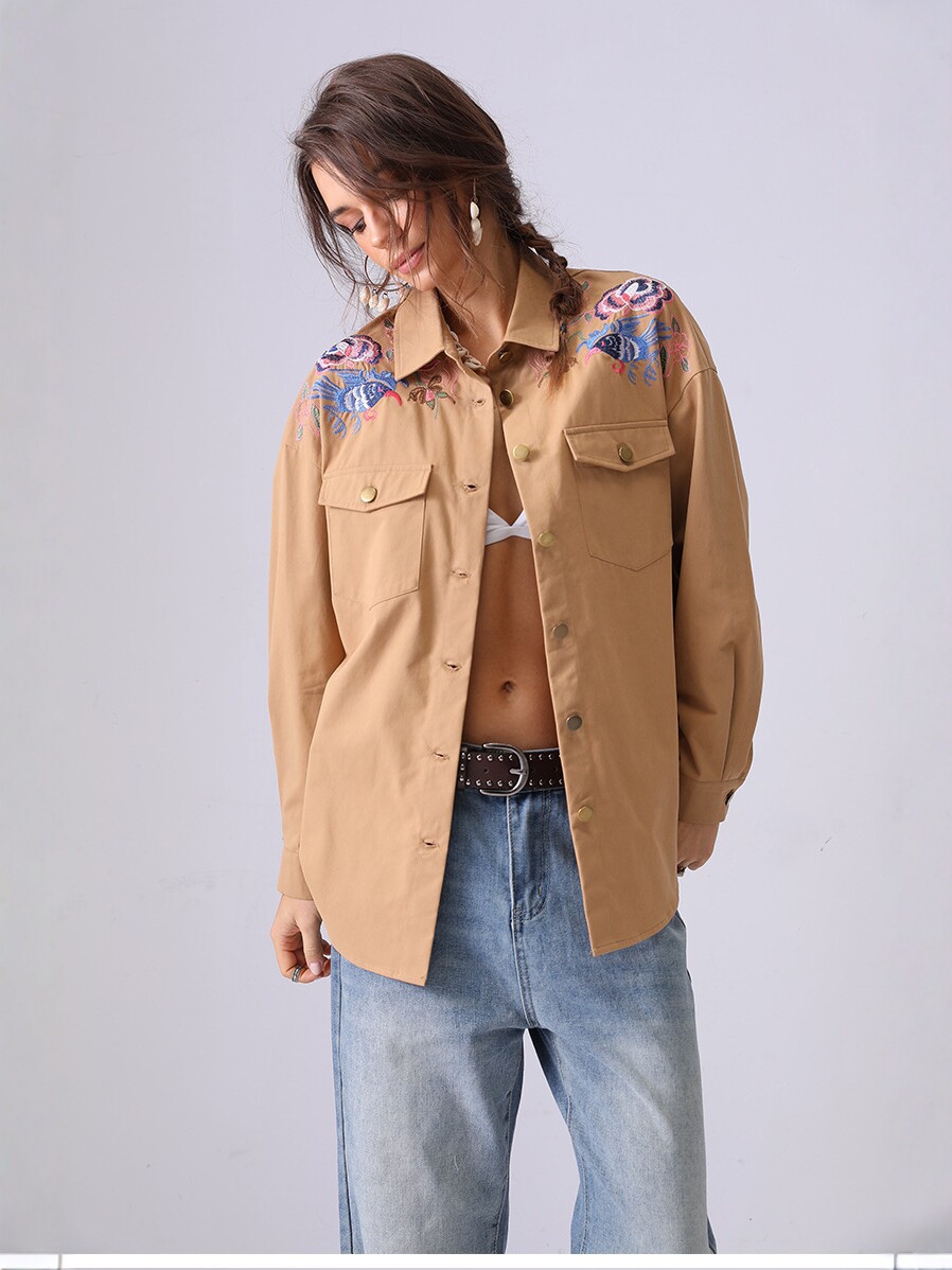 Europa y Estados Unidos retro bordado camisa de trabajo mujer abrigo de manga larga con solapa suelta primavera y otoño nuevo estilo de moda versátil chaqueta