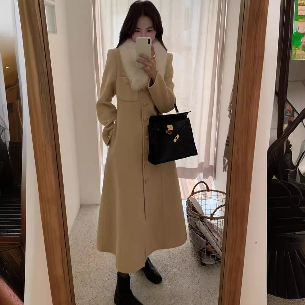 (2개) 2024 년 겨울새 한국 동대문 캐시미어 양모 코트 분리형 폭스 울 칼라 롱코트 DY-1205