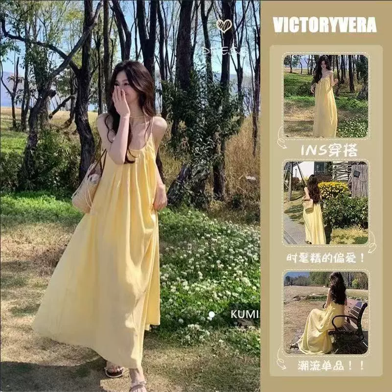 Французское желтое подтяжковое платье женская летняя приморская праздничная юбка носить сосновую юбку длинная юбка минус возраст