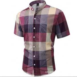 百搭跨境方格子潮流短袖衬衫休闲3D欧美TE时尚印花MU男士新款2025