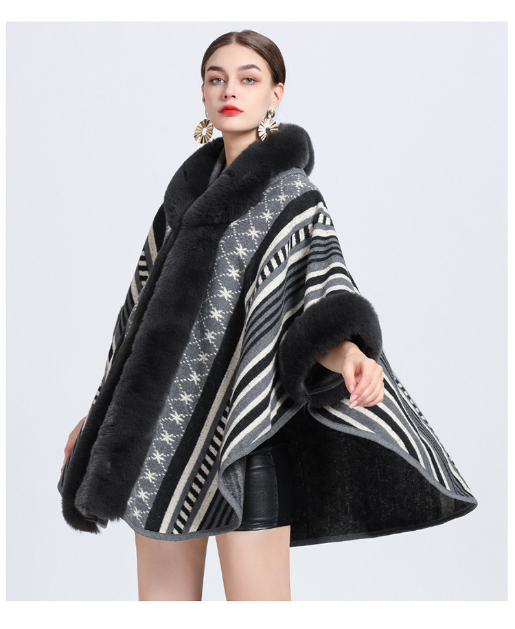 Mantella collo pelliccia grande taglia jacquard cardigan maglione cappotto donna_voghion.com