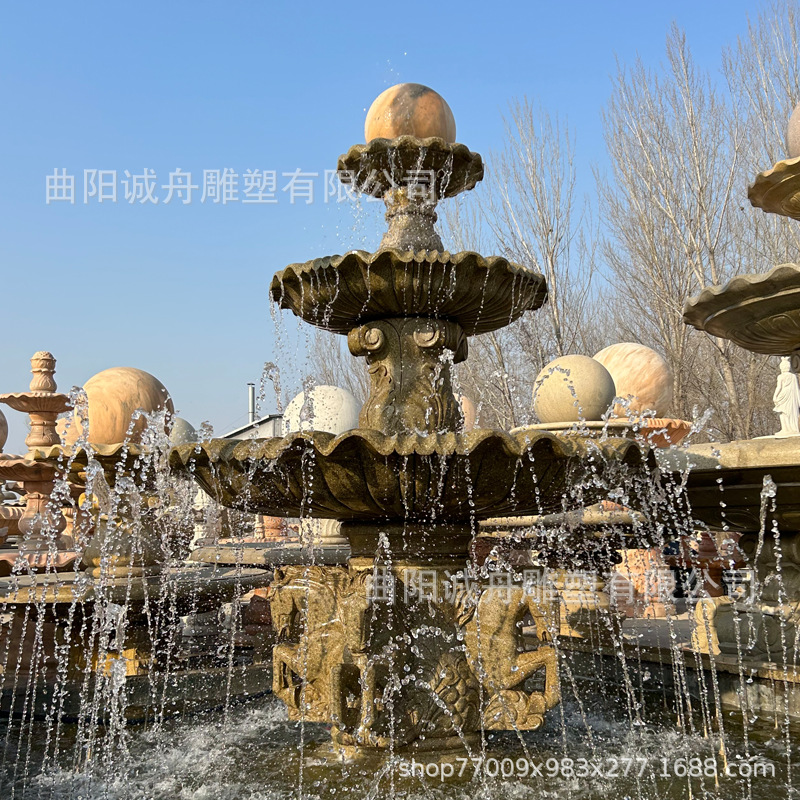 石雕黄金麻大盆喷泉转球流水景观装饰摆件晚霞红风水球水钵中式