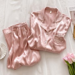 真丝睡衣女款春秋季长袖粉色心形桑蚕丝绸缎感家居服套装夏天
