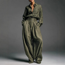 独立站欧美女装衬衫长裤两件套开衫长袖宽松时尚中性风复古女3057
