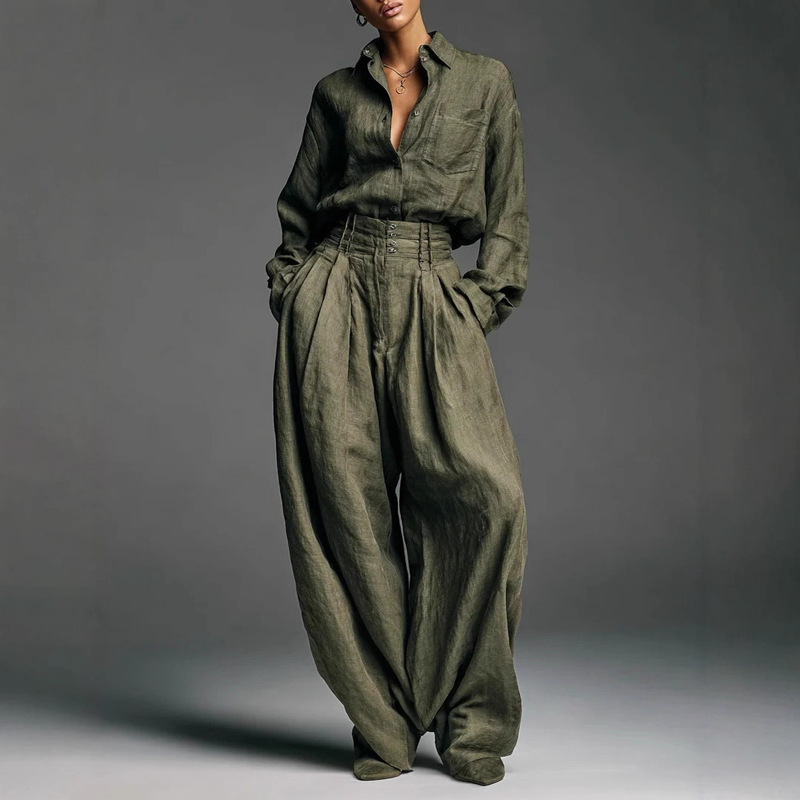 Independent Station European and American Women's Clothing Shirt and Pants Two-Piece Cardigan Long-Sleeved Loose Fashion Neutral Style Retro Women 3057