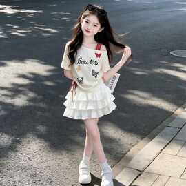 2026夏季新款女童时尚可爱卡通蝴蝶露肩短袖甜美蛋糕半身裙两件套