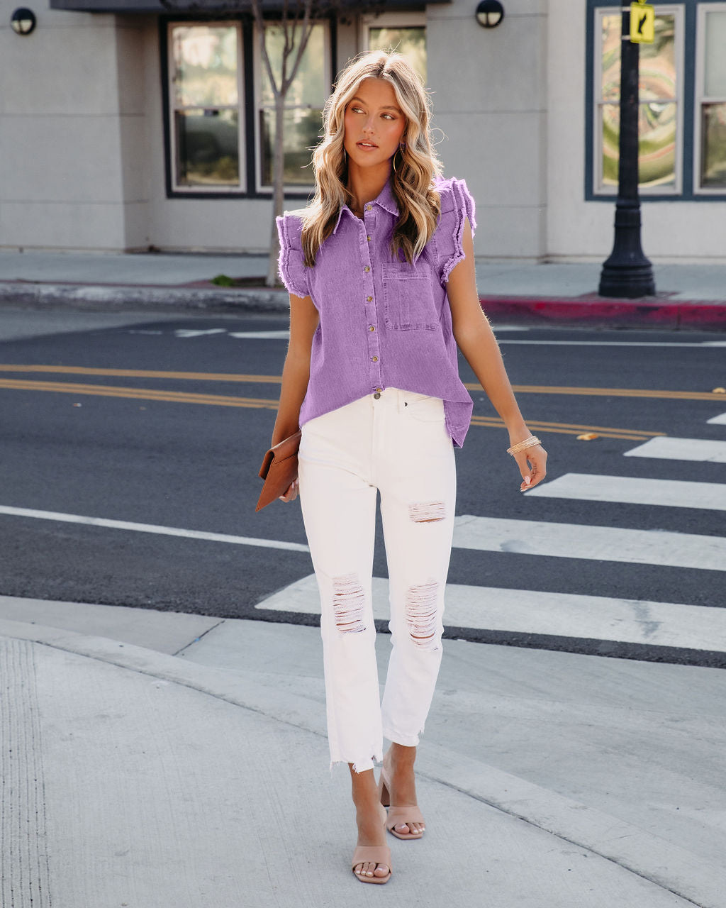 Giacca di jeans donna con volant strappata bavero manica lunga_voghion.com