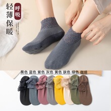 保暖袜子女德绒短袜秋冬季加绒加厚蕾丝中筒袜雪地防滑船袜地板袜