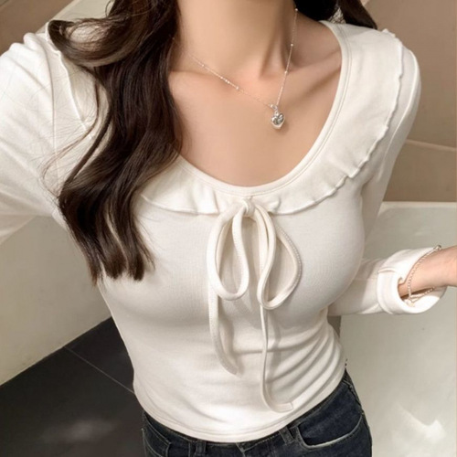 Women's Spring Collarless Blouse with Lotus Leaf Collar, Button Bandeau Long-Sleeve Top, Casual Inner Shirt, Waist-Catching Short-Sleeve Blouse