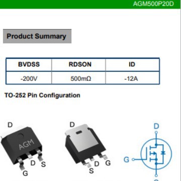 芯控源AGM500P20D  P管200V  内阻500mR  电流-12A  封装TO-252