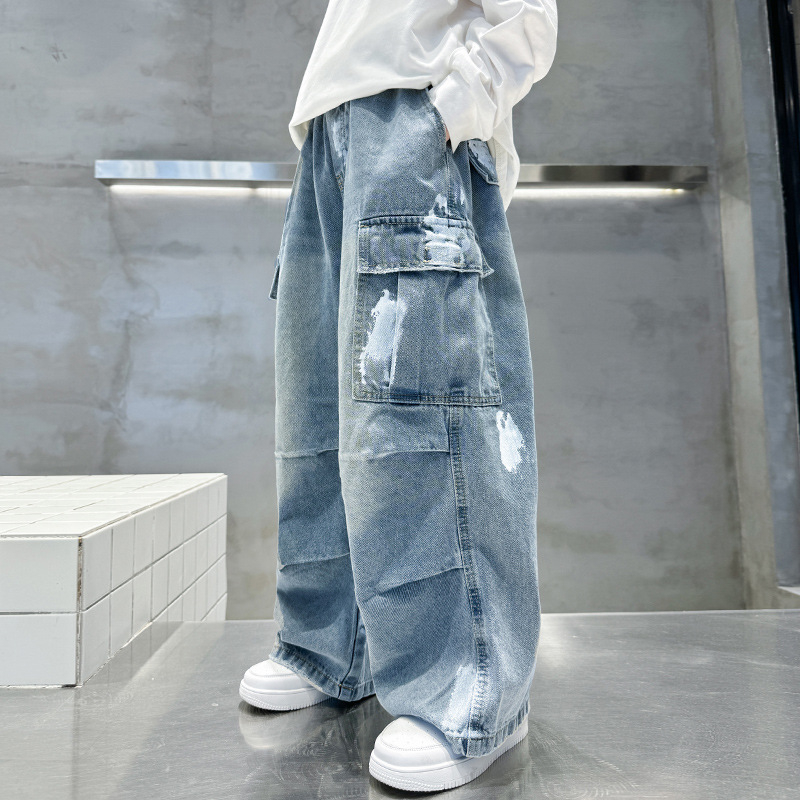 Spring Boys' Denim Jeans New Children's Apparel Boys' Light Color Loose Streetwear Personalized Work Pants