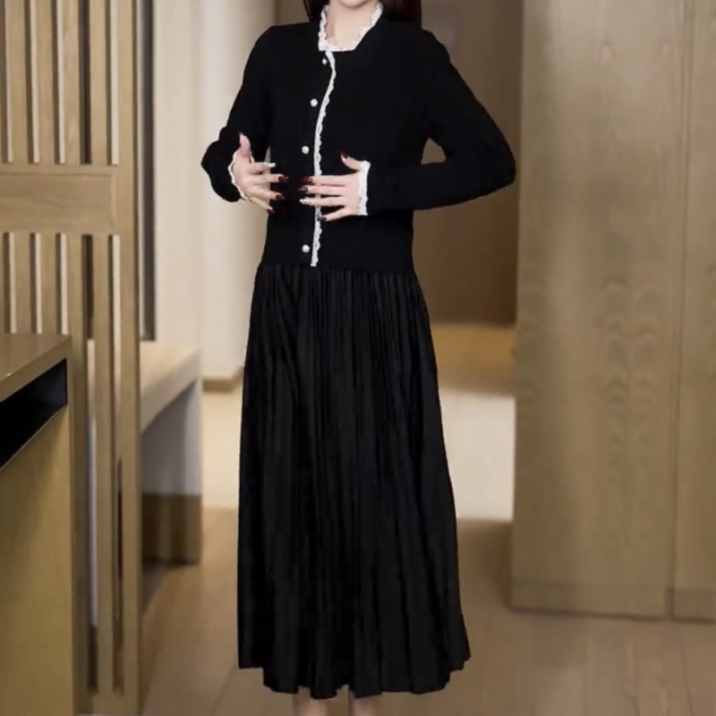 Popular Women's Fashion Knitted Dress Mid-Length Sweater Dress Fake Two-Piece with Coat Bottoming Skirt Loose and Slimming