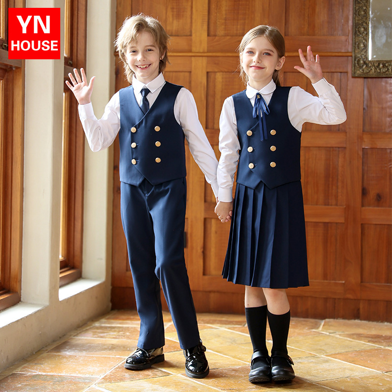 Primary School Uniforms, Spring and Autumn Children's Class Uniforms, British Style Kindergarten Uniforms, Vests, Shirts, Long-Sleeved Suits, Performance Clothes