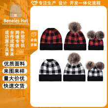 跨境外贸新款三件套毛线帽圣诞黑红格子可拆卸双毛球保暖针织帽子
