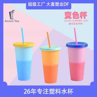 夏季新品创意水杯PP材质感温塑料变色杯冷水变色吸管杯批发果茶杯