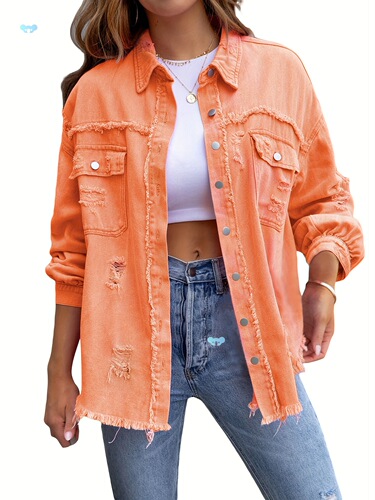 1pc Women's Casual Faux Denim Jacket Midi Length Frayed Cross-border