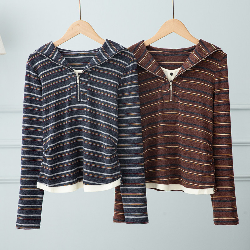 Navy collar striped patchwork faux two-piece long-sleeve T-shirt for women, 2026 early autumn new Korean chic style top