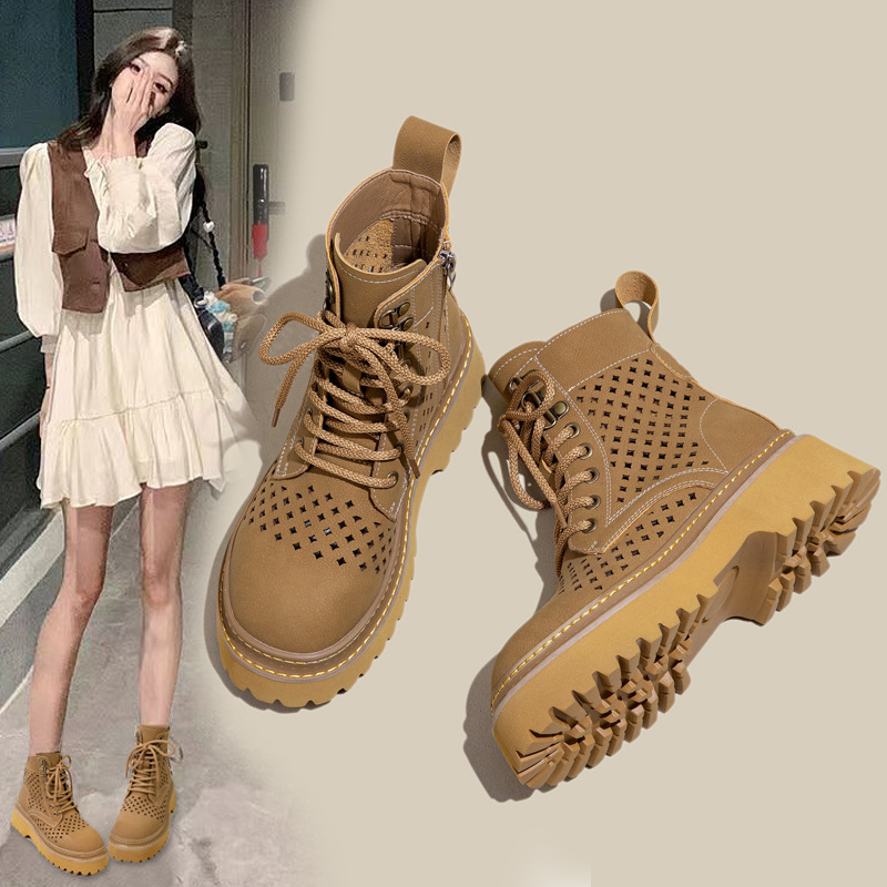 Cross-Border Hollow-Out Yellow Boots for Women 2026 Summer Breathable Perforated Martin Boots with Hidden Height Increase Casual Women's Short Boots
