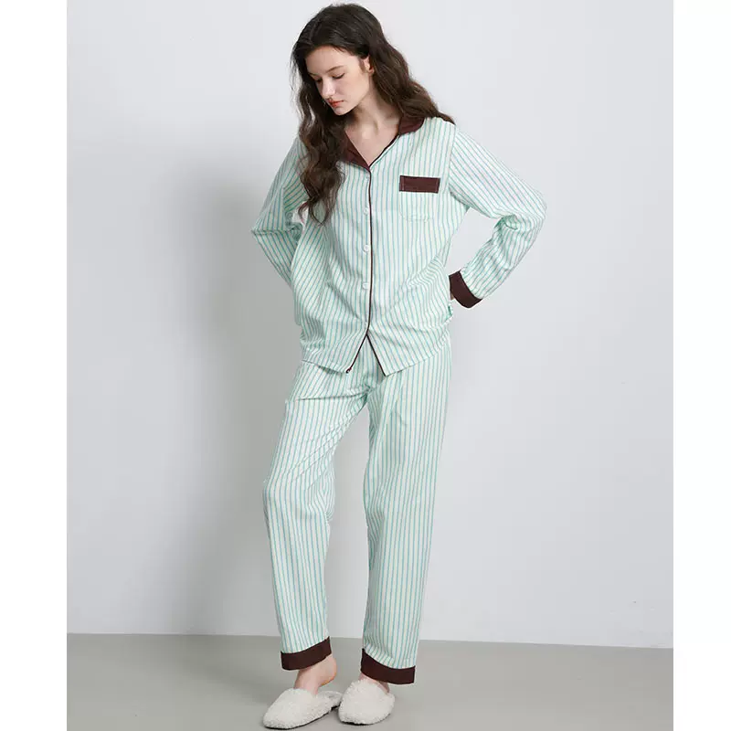 新款100%纯棉磨毛睡衣女秋冬季长袖开衫秋冬外穿全棉女士家居服