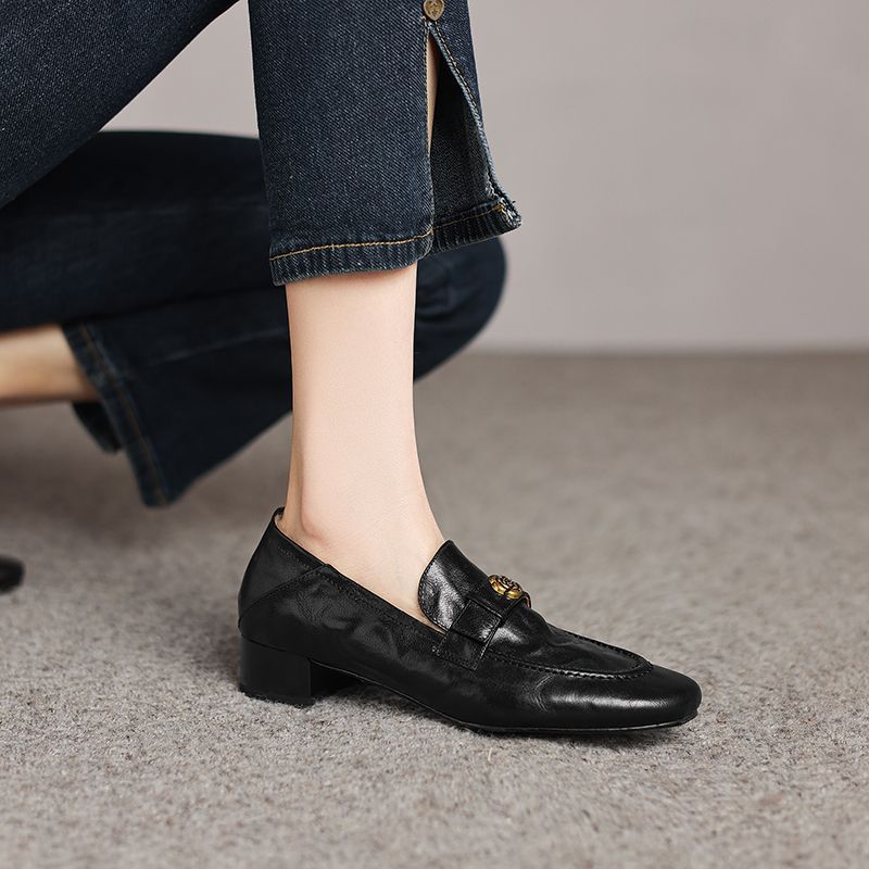 Retro blommiga loafers med fleecefoder och mellanhög klack dam_voghion.com