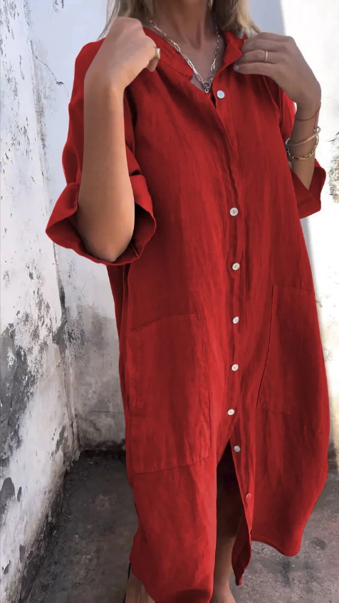 2024 New Spring Summer Style Loose Casual Mid-Sleeve Cotton Linen Shirt Dress For Women_voghion.com