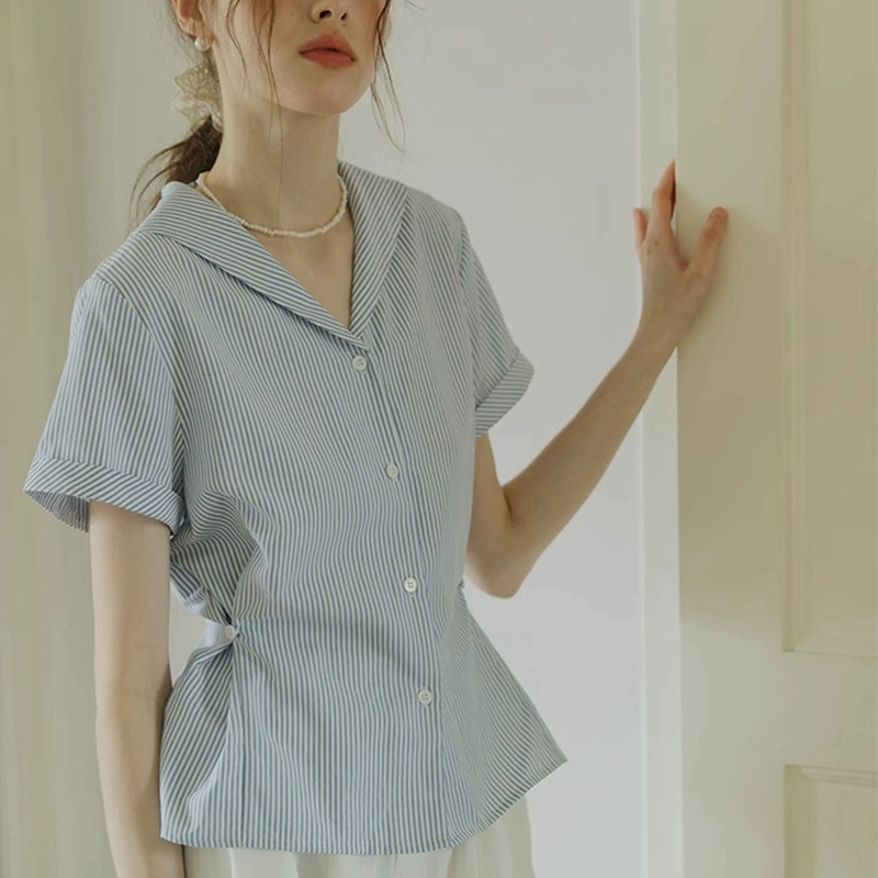 French-Style Commuter Navy Collar Blue Striped Short-Sleeved Shirt for Women, Summer College Style, Age-Reducing and Slimming Top