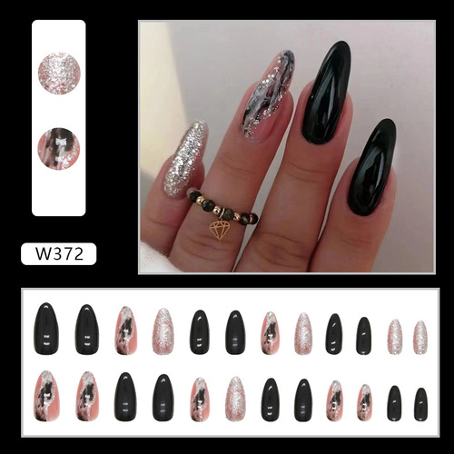 Flashing solid color galaxy manicure, sweet and cool hot girl European and American ins style almond nails, black fake nails, round head nails